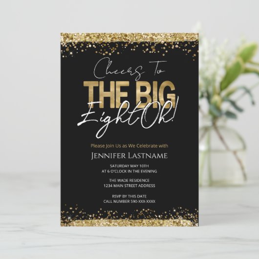 80ste verjaardag Black and Gold Uitnodiging (Staand voorkant)