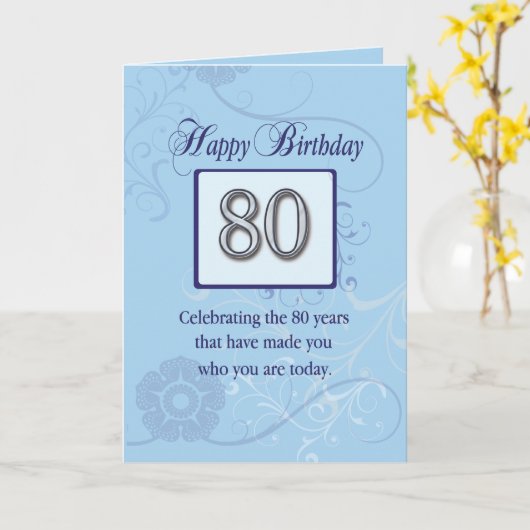 80ste verjaardag, blauw en zilver kaart (Gele Bloem)