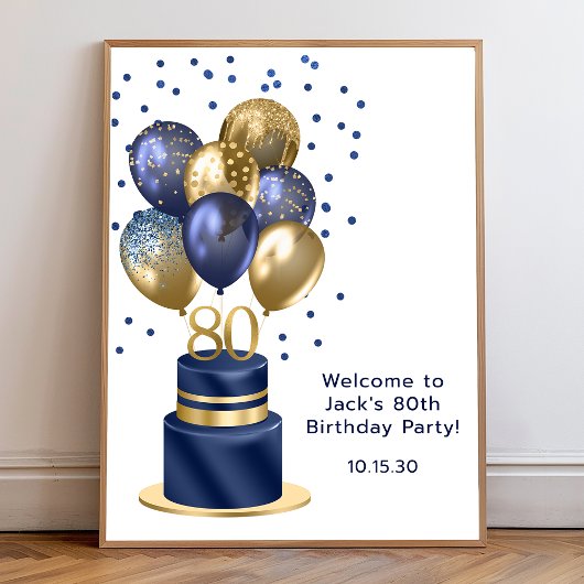 80ste verjaardag blauwe ballon taart poster