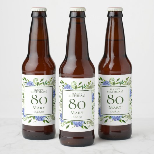 80ste verjaardag Blauwe Hortensia's Bier Etiket (Flessen)