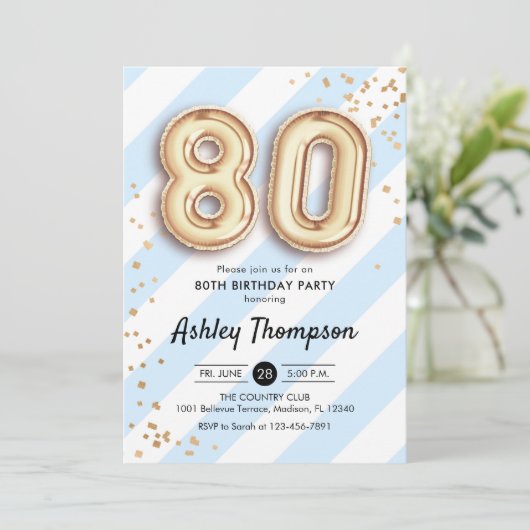 80ste verjaardag - Blauwe strepen Gouden ballonnen Kaart (Staand voorkant)