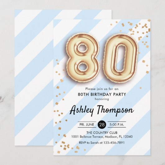 80ste verjaardag - Blauwe strepen Gouden ballonnen Kaart (Voorkant / Achterkant)