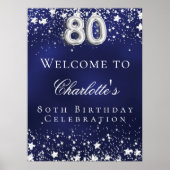 80ste verjaardag blauwe zilveren sterren welkom fe poster (Voorkant)