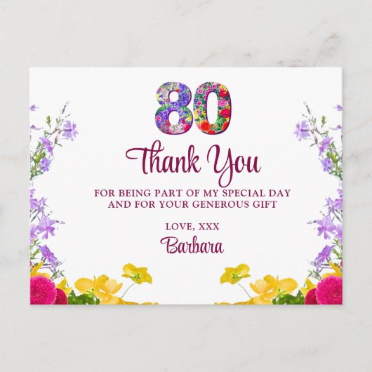 80ste verjaardag Bloemen bedankt Modern 80 jaar fe Briefkaart (Voorkant)