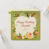 80ste verjaardag Bloemen & Vogels antiek vintage k Kaart (Voorkant / Achterkant in situ)