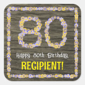 80ste verjaardag: Bloemennummer, Faux Wood Look, N Vierkante Sticker (Voorkant)