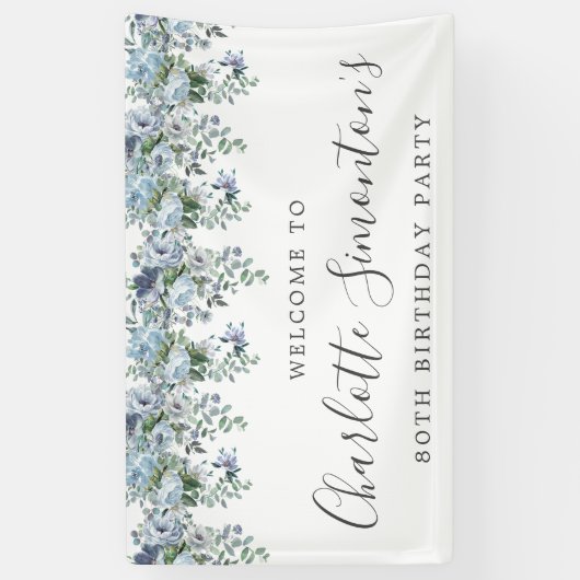 80ste verjaardag Dusty Blue Floral Welkom Spandoek (Verticaal)