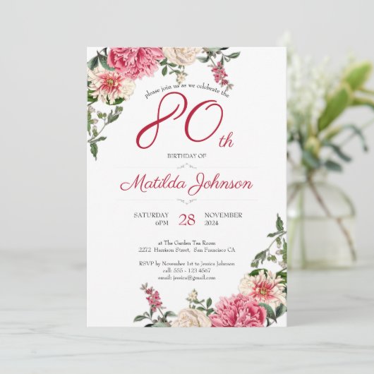 80ste verjaardag Elegant Bloemen Roze Rood Custom Kaart (Staand voorkant)