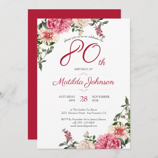 80ste verjaardag Elegant Bloemen Roze Rood Custom Kaart (Voorkant / Achterkant)