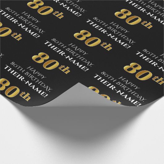 80ste verjaardag: Elegant, zwart, Faux Gold look Cadeaupapier (Hoek)