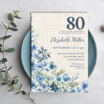 80ste verjaardag Elegante Blauwe Botanische Linnen