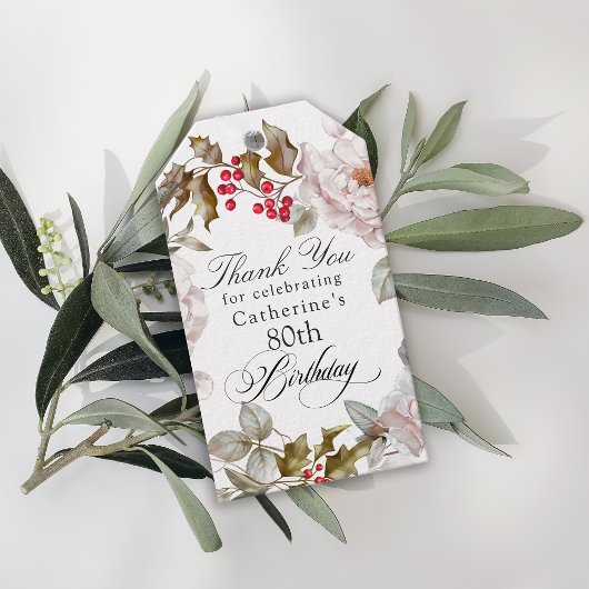 80ste verjaardag Elegante december bloemrijke dank Cadeaulabel