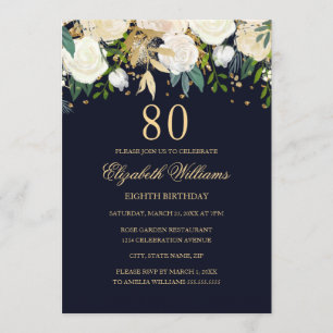 80ste verjaardag Elegante Navy Gouden Bloem Uitnod Kaart