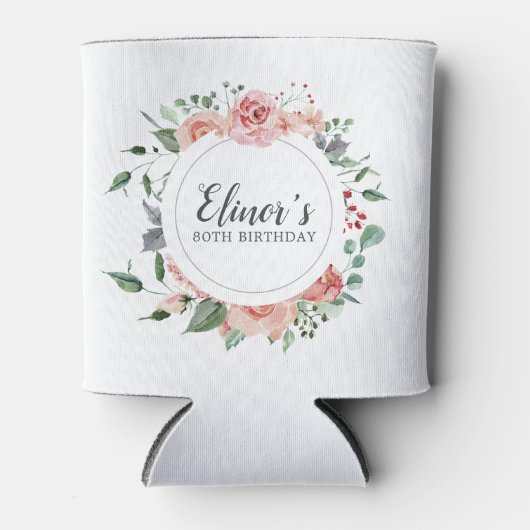 80ste verjaardag Elegante roze rozenbloem Blikjeskoeler (Voorkant)