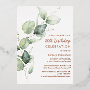 80ste verjaardag Eucalyptus Script Feest Folie Uitnodiging