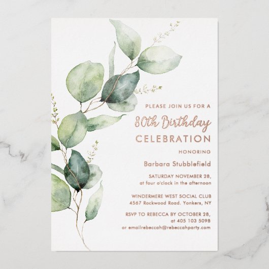 80ste verjaardag Eucalyptus Script Feest Folie Uitnodiging (Voorkant)