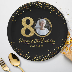 80ste verjaardag Foto Elegante Zwarte Gouden Glitt Papieren Bordje