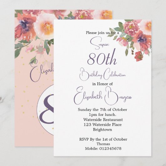 80ste verjaardag Goud Bloemen Roze Rose Elegant Kaart (Voorkant / Achterkant)