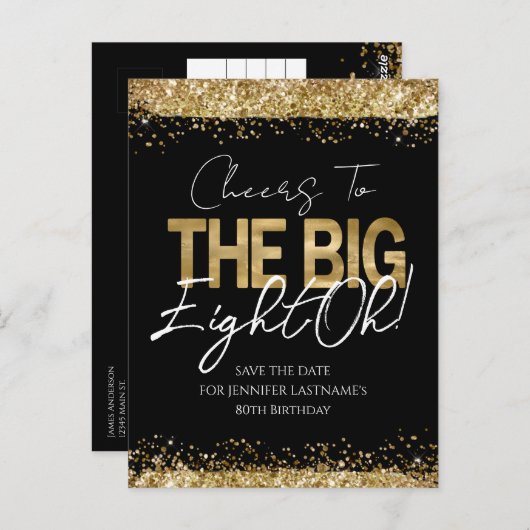 80ste verjaardag Goud Zwart Save the Date-ansichtk Briefkaart (Voorkant / Achterkant)