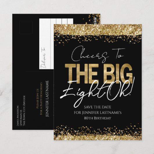 80ste verjaardag Goud Zwart Save the Date briefkaa Briefkaart (Voorkant / Achterkant)