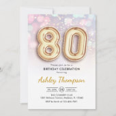 80ste verjaardag - gouden ballonnen roze lichten kaart (Voorkant)