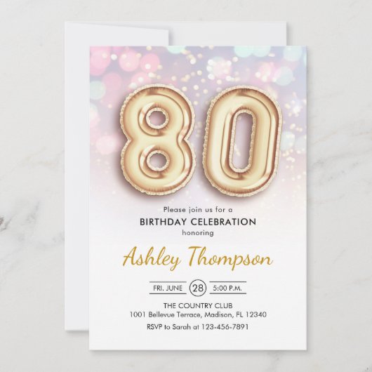 80ste verjaardag - gouden ballonnen roze lichten kaart (Voorkant)