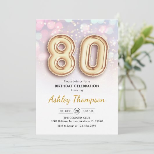 80ste verjaardag - gouden ballonnen roze lichten kaart (Staand voorkant)
