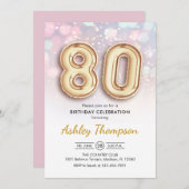 80ste verjaardag - gouden ballonnen roze lichten kaart (Voorkant / Achterkant)