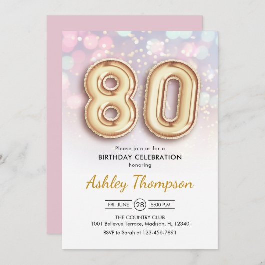 80ste verjaardag - gouden ballonnen roze lichten kaart (Voorkant / Achterkant)