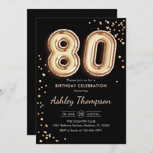 80ste verjaardag - Gouden ballonnen Zwart Kaart (Voorkant / Achterkant)