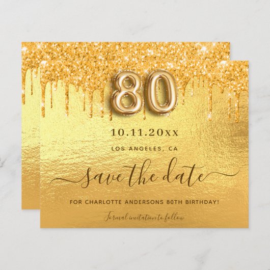 80ste verjaardag gouden glitters save the date kaa (Voorkant / Achterkant)