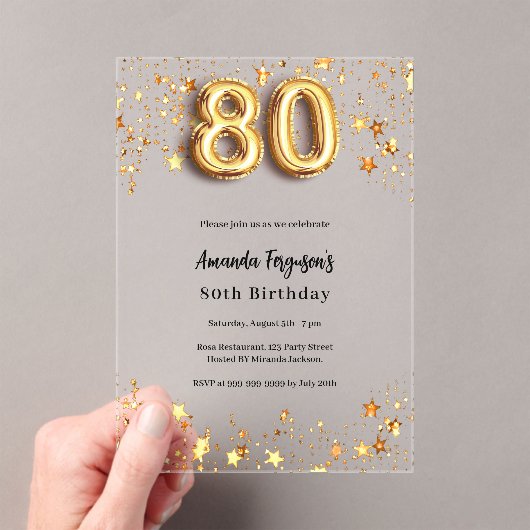 80ste verjaardag gouden sterren helder acryl uitnodigingen (Insitu (Draagbaar))