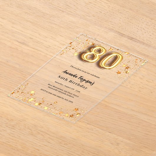 80ste verjaardag gouden sterren helder acryl uitnodigingen (Laagn)