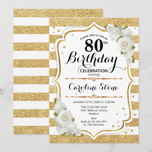 80ste verjaardag - Gouden witte strepen Rozen Kaart (Voorkant / Achterkant)