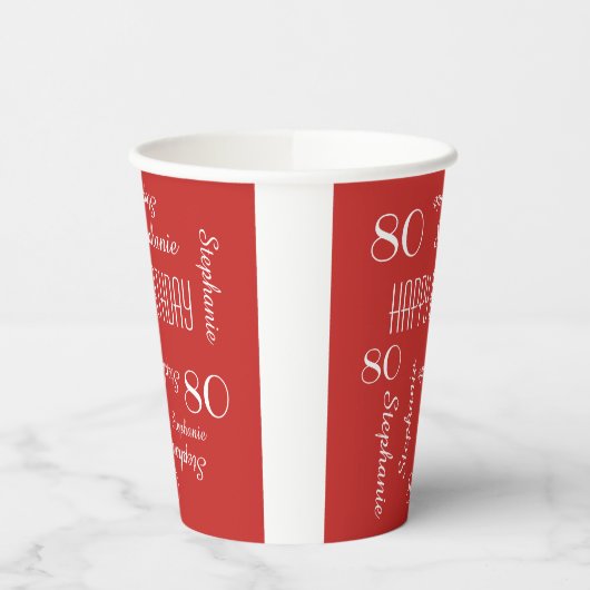 80ste verjaardag herhalende namen rood wit papieren bekers (Links)