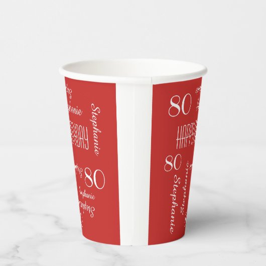 80ste verjaardag herhalende namen rood wit papieren bekers (Rechts)