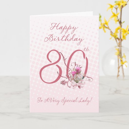 80ste verjaardag Kaart - Roze Rozen - tot een zeer (Gele Bloem)