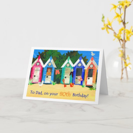 80ste verjaardag Kaart voor een vader - Beach Huts (Gele Bloem)
