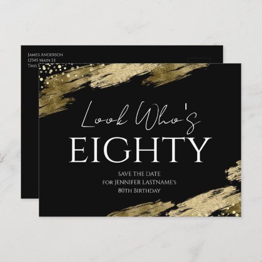 80ste verjaardag Kijk wie Goud Zwart Save the Date Briefkaart (Voorkant / Achterkant)