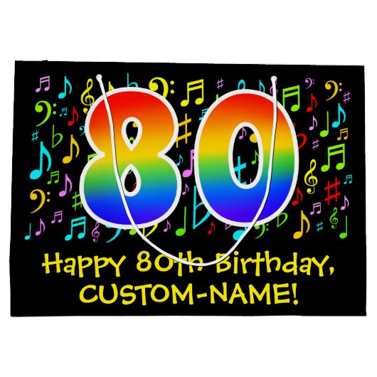 80ste verjaardag - Kleurrijke muzieksymbolen, Rain Groot Cadeauzakje (Achterkant)