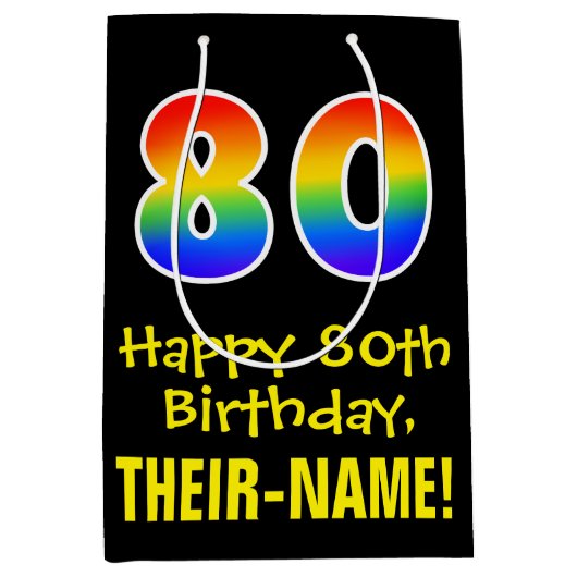 80ste verjaardag: Leuk, Vet, Kleurrijk, Regenboog  Medium Cadeauzakje (Voorkant)
