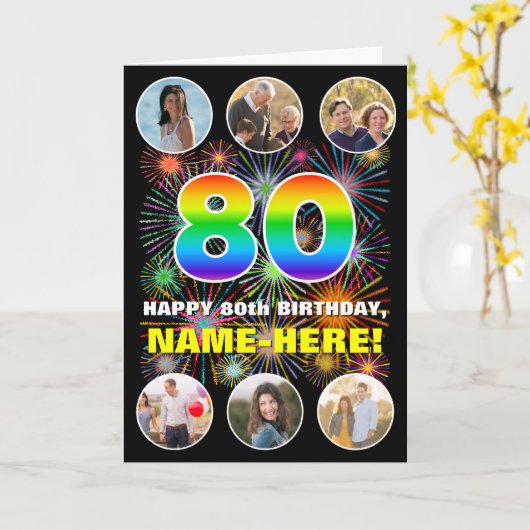 80ste verjaardag: Leuke regenboog #, aangepaste na Kaart (Gele Bloem)