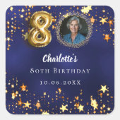 80ste verjaardag marineblauw gouden sterren foto vierkante sticker (Voorkant)