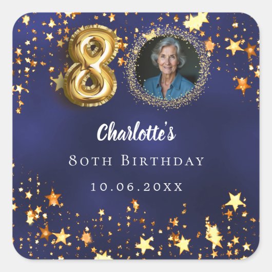 80ste verjaardag marineblauw gouden sterren foto vierkante sticker (Voorkant)