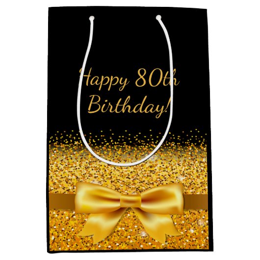 80ste verjaardag met gouden boog op elegante medium cadeauzakje (Voorkant)
