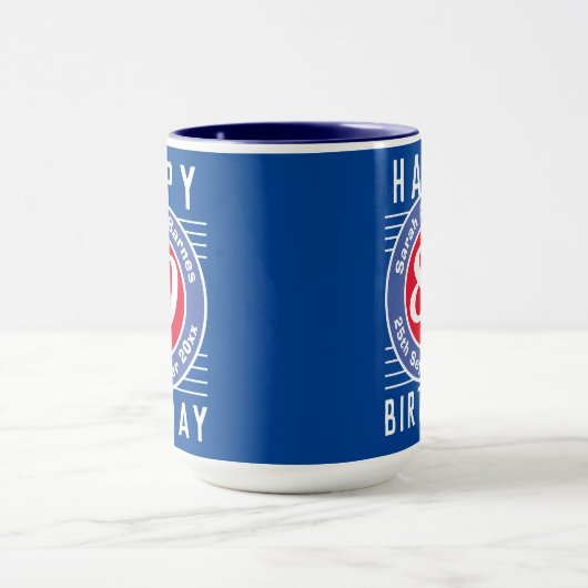 80ste Verjaardag Mok met Leeftijd, Naam, & Datum (Midden)