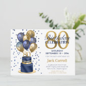 80ste verjaardag Navy Blauwe Ballon Cake Kaart (Staand voorkant)