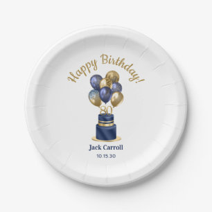 80ste verjaardag Navy Blauwe Ballon Cake Papieren Bordje