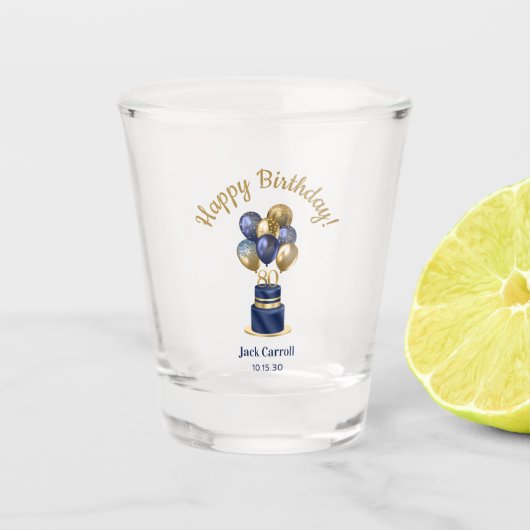 80ste verjaardag Navy Blauwe Ballon Cake Shot Glas (Voorkant)
