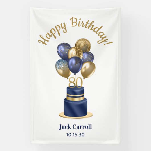 80ste verjaardag Navy Blauwe Ballon Cake Spandoek (Verticaal)